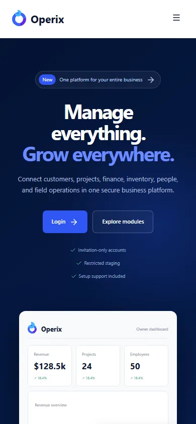Operix public website on mobile